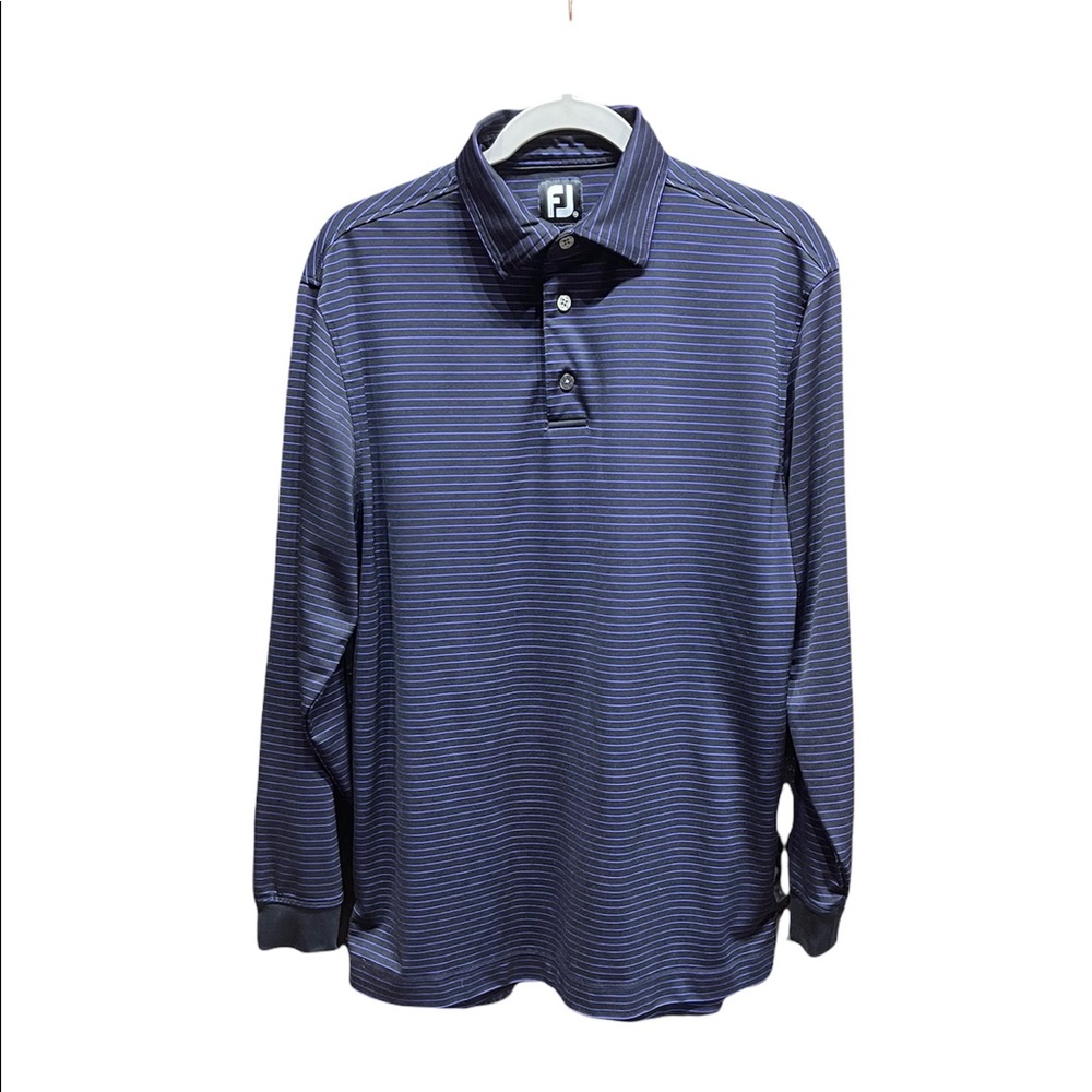 FootJoy Men's M Long Sleeve Polo, Black with Purple Pinstripes, Self Collar